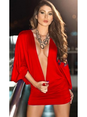 Çamaşır Kenti B100915 Kırmızı Derin Göğüs Dekolteli Elbise