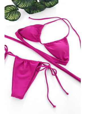 Çamaşır Kenti Kadın Fuşya Yandan Bağlamalı Tangalı Üçgen Bikini Mayo Takımı