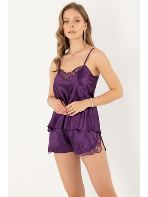 Miorre Mor Renkli İnce Askılı Güpürlü Saten Şortlu Takım Konforlu Tasarım ile Şık Görünüm
