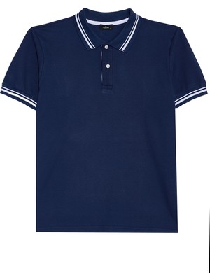 Tudors Erkek Slim Fit Dar Kesim %100 Pamuk Düz Pike Yaka ve Kol Detaylı Lacivert Polo Yaka Tişört