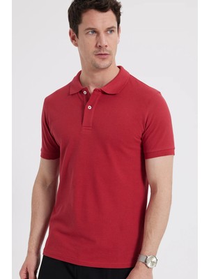 Tudors Erkek Slim Fit Dar Kesim %100 Pamuk Kısa Kollu Polo Yaka Kırmızı Tişört