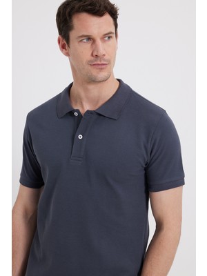 Tudors Erkek Slim Fit Dar Kesim %100 Pamuk Kısa Kollu Polo Yaka Koyu Gri Tişört