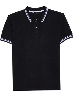 Tudors Erkek Slim Fit Dar Kesim %100 Pamuk Düz Pike Yaka ve Kol Detaylı Siyah Polo Yaka Tişört