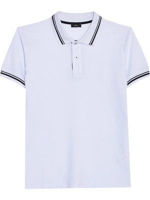 Tudors Erkek Slim Fit Dar Kesim %100 Pamuk Düz Pike Yaka ve Kol Detaylı Beyaz Polo Yaka Tişört