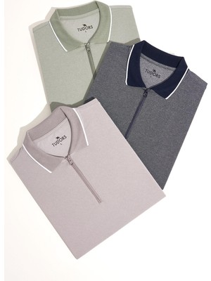 Tudors Erkek 3'lü Paket Mint-Gri-Lacivert Slim Fit Pamuklu Düz Fermuarlı Pike Polo Yaka Tişört
