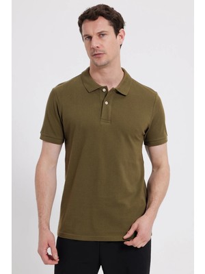Tudors Erkek Slim Fit Dar Kesim %100 Pamuk Kısa Kollu Polo Yaka Haki Tişört