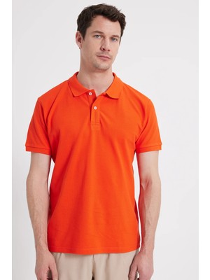 Tudors Erkek Slim Fit Dar Kesim %100 Pamuk Kısa Kollu Polo Yaka Turuncu Tişört