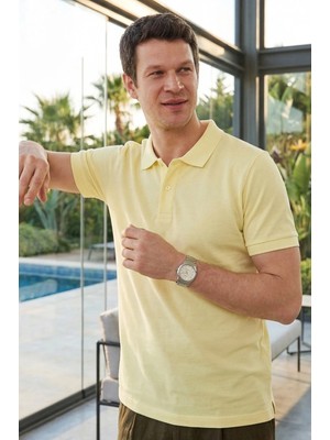 Tudors Erkek Slim Fit Dar Kesim %100 Pamuk Kısa Kollu Polo Yaka Sarı Tişört