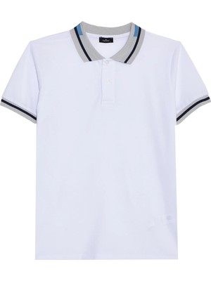 Tudors Erkek Slim Fit Dar Kesim %100 Pamuk Düz Pike Yaka ve Kol Detaylı Beyaz Polo Yaka Tişört