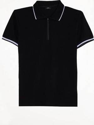 Tudors Erkek Slim Fit Dar Kesim %100 Pamuk Jakarlı Düz Yaka ve Kol Detaylı Siyah Polo Yaka Tişört