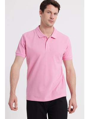Tudors Erkek Slim Fit Dar Kesim %100 Pamuk Kısa Kollu Polo Yaka Pembe Tişört