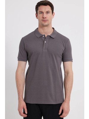Tudors Erkek Slim Fit Dar Kesim %100 Pamuk Kısa Kollu Polo Yaka Gri Tişört