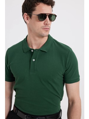 Tudors Erkek Slim Fit Dar Kesim %100 Pamuk Kısa Kollu Polo Yaka Haki Tişört