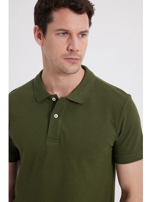 Tudors Erkek Slim Fit Dar Kesim %100 Pamuk Kısa Kollu Polo Yaka Haki Tişört
