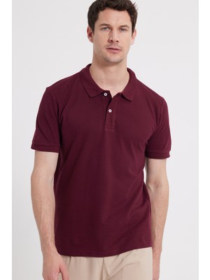 Tudors Erkek Slim Fit Dar Kesim %100 Pamuk Kısa Kollu Polo Yaka Bordo Tişört