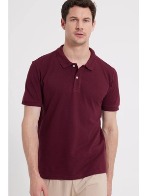 Tudors Erkek Slim Fit Dar Kesim %100 Pamuk Kısa Kollu Polo Yaka Bordo Tişört