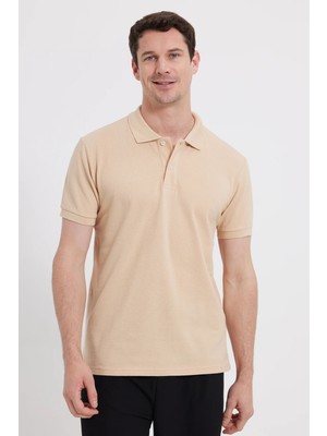 Tudors Erkek Slim Fit Dar Kesim %100 Pamuk Kısa Kollu Polo Yaka Bej Tişört