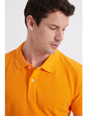 Tudors Erkek Slim Fit Dar Kesim %100 Pamuk Kısa Kollu Polo Yaka Turuncu Tişört