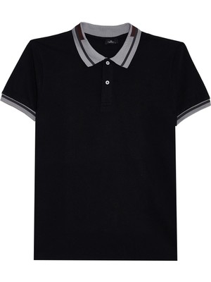 Tudors Erkek Slim Fit Dar Kesim %100 Pamuk Düz Pike Yaka ve Kol Detaylı Siyah Polo Yaka Tişört