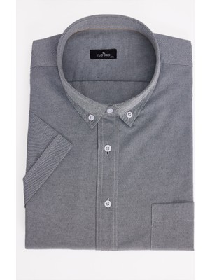 Tudors Erkek Büyük Beden Düğmeli Yaka Kısa Kol Gri Pamuklu Gömlek Günlük Stil Bol Kesim