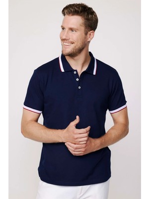 Tudors Erkek Slim Fit Dar Kesim %100 Pamuk Düz Pike Kol Şeritli Lacivert Polo Yaka Tişört