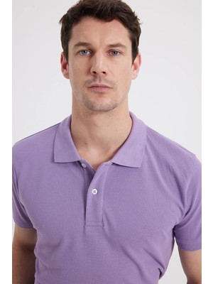 Tudors Erkek Slim Fit Dar Kesim %100 Pamuk Kısa Kollu Polo Yaka Mor Tişört
