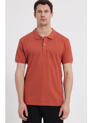 Tudors Erkek Slim Fit Dar Kesim %100 Pamuk Kısa Kollu Polo Yaka Turuncu Tişört