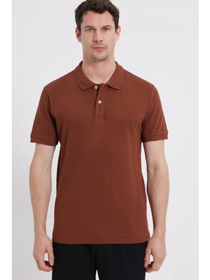 Tudors Erkek Slim Fit Dar Kesim %100 Pamuk Kısa Kollu Polo Yaka Kahverengi Tişört