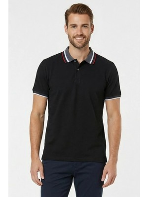 Tudors Erkek Slim Fit Dar Kesim %100 Pamuk Siyah Polo Yaka Tişört