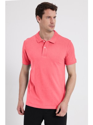 Tudors Erkek Slim Fit Dar Kesim %100 Pamuk Kısa Kollu Polo Yaka Pembe Tişört