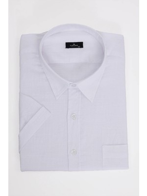 Tudors Erkek Big Size Battal Kesim Kısa Kollu Keten Efektli Cepli Beyaz Gömlek