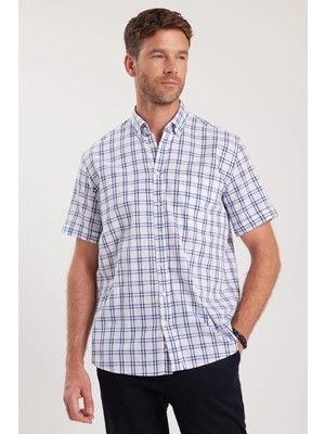 Tudors Erkek Regular Fit Klasik Kesim Oversize %100 Pamuk Keten Doku Cepli Kareli Kısa Kollu Düğmeli Yaka Gömlek