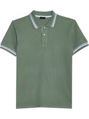 Tudors Erkek Slim Fit Dar Kesim %100 Pamuk Düz Pike Yaka ve Kol Detaylı Yeşil Polo Yaka Tişört