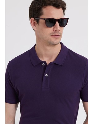 Tudors Erkek Slim Fit Dar Kesim %100 Pamuk Kısa Kollu Polo Yaka Mor Tişört