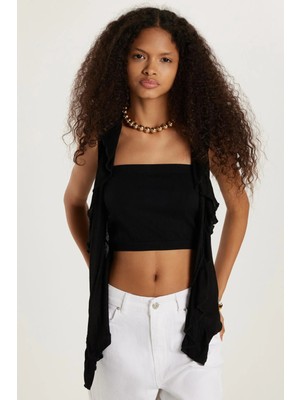 Tudors Kadın Slim Fit Dar Kesim Sıfır Kollu V Yaka Siyah Hırka