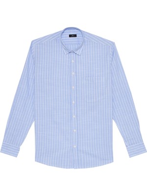 Tudors Erkek Regular Fit Klasik Kesim Oversize Uzun Kollu %100 Pamuk Keten Doku Tek Cepli Mavi Çizgili Gömlek