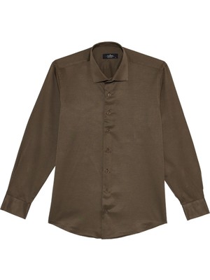 Tudors Erkek Regular Fit Klasik Kesim Kravatlık Yaka Pamuklu Düz Haki Gömlek