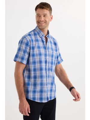 Tudors Erkek Regular Fit Klasik Kesim Oversize %100 Pamuk Keten Doku Cepli Kareli Kısa Kollu Düğmeli Yaka Gömlek