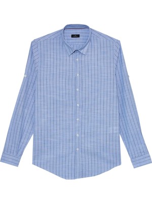 Tudors Erkek Slim Fit Dar Kesim Uzun Kollu %100 Pamuk Keten Doku Çizgili Gömlek