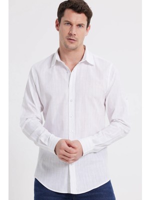 Tudors Erkek Slim Fit Dar Kesim Uzun Kollu %100 Pamuk Keten Doku Çizgili Gömlek