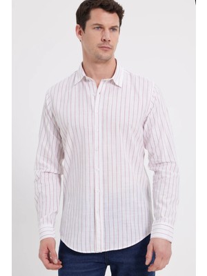 Tudors Erkek Slim Fit Dar Kesim Uzun Kollu %100 Pamuk Keten Doku Çizgili Gömlek