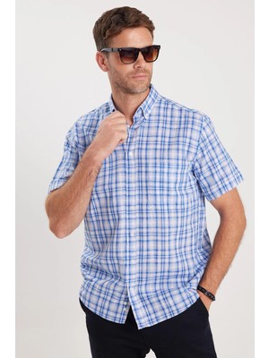 Tudors Erkek Regular Fit Klasik Kesim Oversize %100 Pamuk Keten Doku Cepli Kareli Kısa Kollu Düğmeli Yaka Gömlek