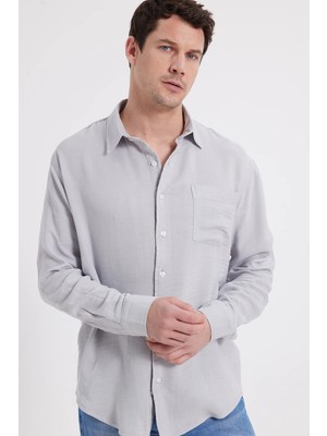 Tudors Erkek Relax Fit Rahat Kesim Oversize Müslin Viskon Pamuklu Tek Cepli Düz gri Gömlek