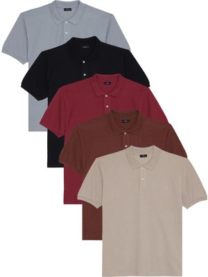 Tudors Erkek 5'li Paket Gri-Kahverengi-Kırmızı-Siyah-Taş Regular Fit Pamuklu Düz Pike Polo Yaka Tişört