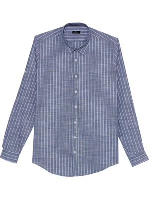 Tudors Erkek Slim Fit Dar Kesim Uzun Kollu %100 Pamuk Keten Doku Çizgili Gömlek
