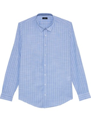 Tudors Erkek Slim Fit Dar Kesim Uzun Kollu %100 Pamuk Keten Doku Çizgili Gömlek