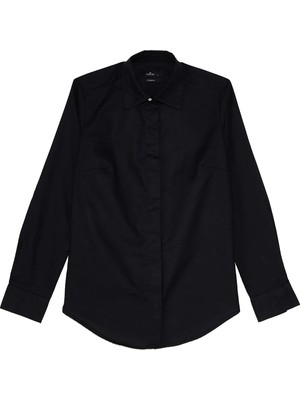 Tudors Kadın Slim Fit Dar Kesim %100 Pamuk Spor Yaka Gizli Pat Uzun Kollu Düz Oxford Leke Tutmaz Siyah Gömlek