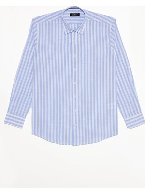 Tudors Erkek Regular Fit Rahat Kesim %100 Pamuk Çizgili Keten Efektli Açık Mavi Gömlek