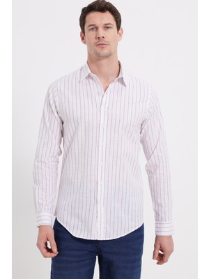 Tudors Erkek Slim Fit Dar Kesim Uzun Kollu %100 Pamuk Keten Doku Çizgili Gömlek