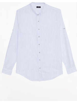 Tudors Erkek Slim Fit Dar Kesim Uzun Kollu %100 Pamuk Keten Doku Çizgili Hakim Yaka Gömlek